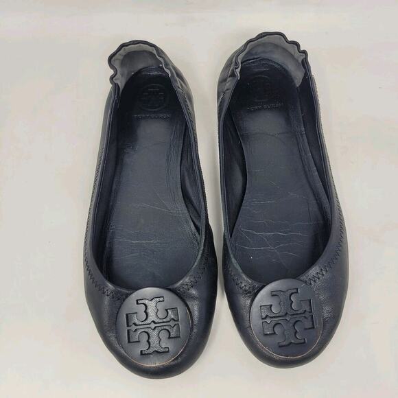 Tory Burch Flats Womens 7M Black Leather Minnie Ballet Comfort Double T Sip On - Picture 3 of 13